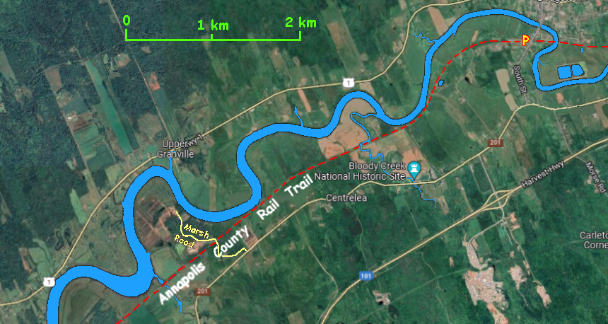 Map of the Annapolis County Rail Trail weat of Bridgetown, NS