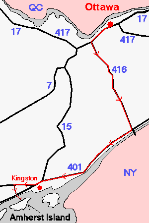 Ottawa to Amherst Island Map