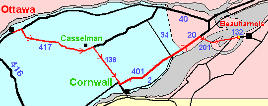 Ottawa to the Beauharnois Dam Route Map