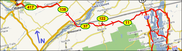 Google Map of Ottawa to Lake Champlain Route