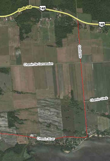 Google Satellite Image Map of the Chemin Cochrane and Chemin River/de la Rivière Area
