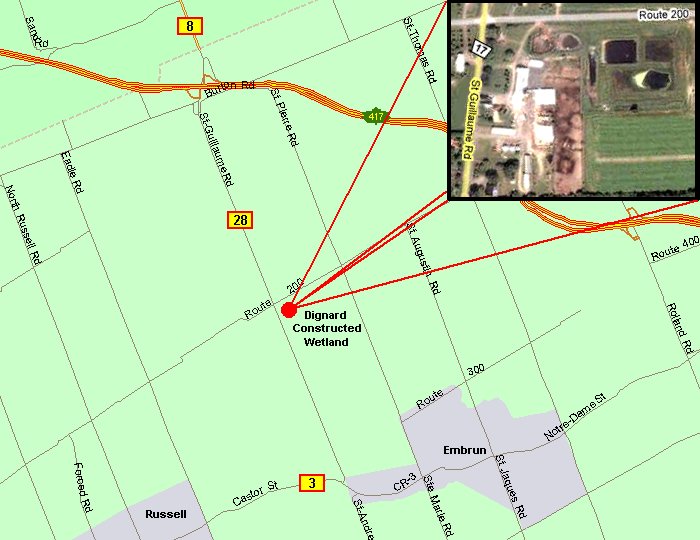 Map of Dignard Constructed Wetland Area with Google Satellite Image Inset