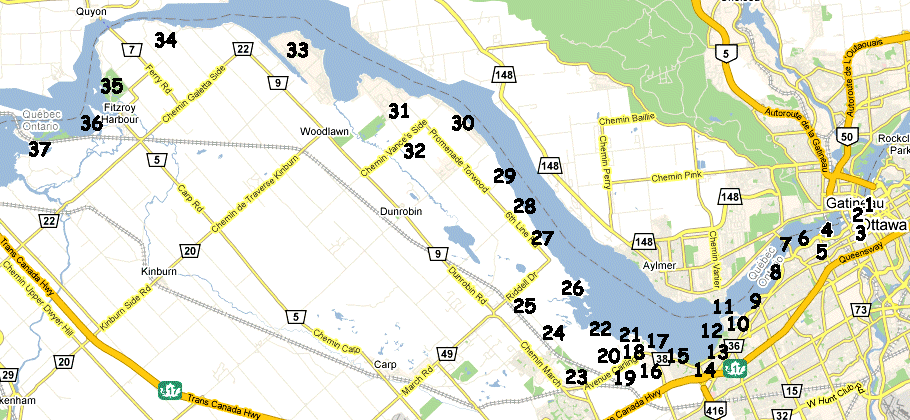 Map of Ottawa River West: Ontario Route - Please select a Site